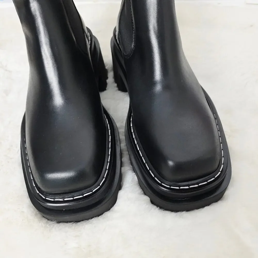 NEW Sandro Paris Black Leather Chelsea Boots Chunky Lug Sole Square Toe EU 37 - Picture 13 of 16